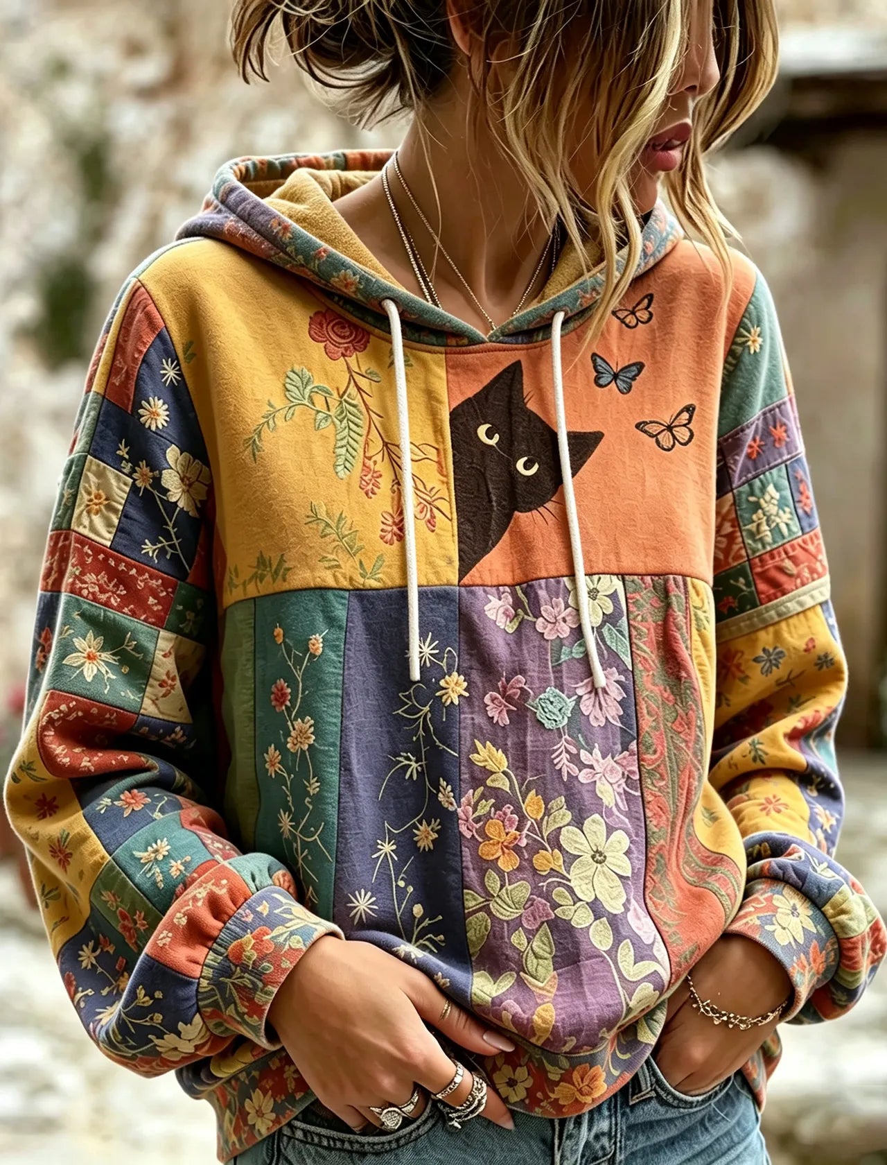 Cardydony Women's Hippie Black Cat Art Print Round Neck Long Sleeve Sweatshirt