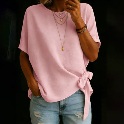 Cardydony Women's Vintage Bow-tie Short Sleeves Round Neck Linen T-shirt
