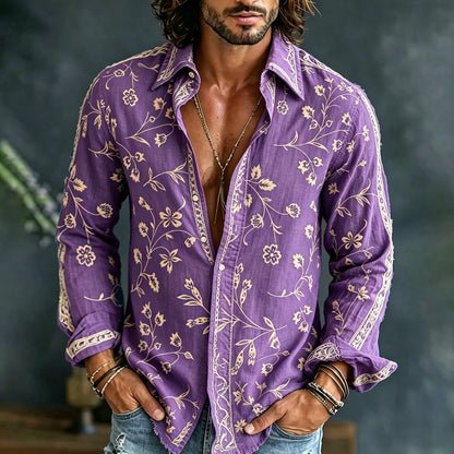 Cardydony Men's Vintage Spring Floral Embroidered Art Print Flowy Linen Blend Casual Shirt