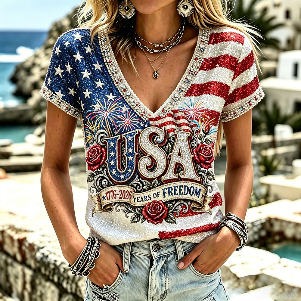 Cardydony Women's Vintage Independence Day Anniversary Art Print Short Sleeve Top