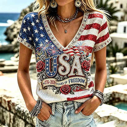 Cardydony Women's Vintage Independence Day Anniversary Art Print Short Sleeve Top