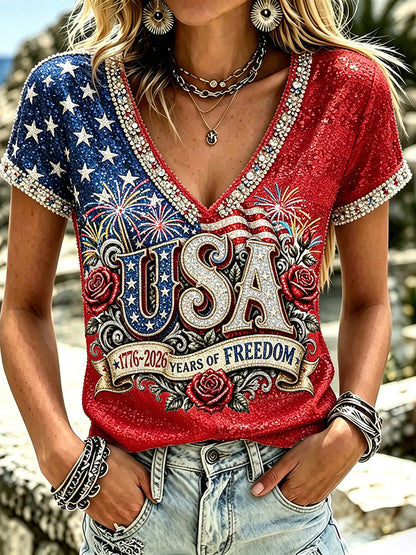 Cardydony Women's Vintage Independence Day Anniversary Art Print Short Sleeve Top