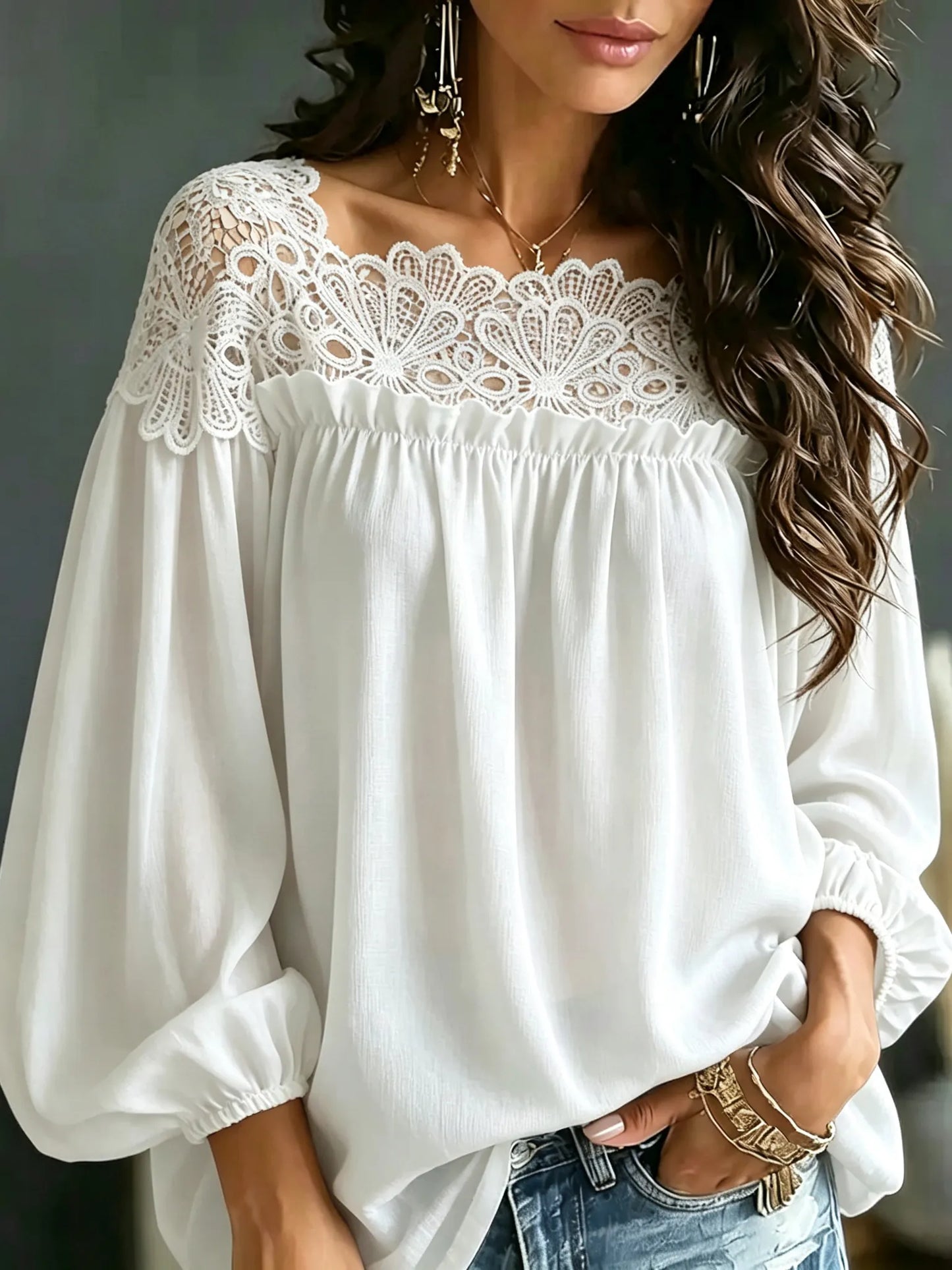 Cardydony Lace Off‑shoulder Boho Blouse Women Elegant Hollow‑out Long Sleeve Flowy Casual Tops