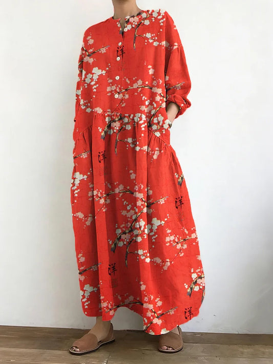 Cardydony Vintage Cherry Blossom Art Pattern Cozy Linen Maxi Dress