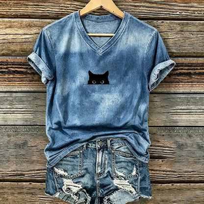 Cardydony Vintage Peeping Black Cat Art Casual V-neck T-shirt