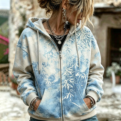 Cardydony Women's Retro Bohemian Tie-dye Blue Bamboo Leaf Print Loose Casual Zip-up Hooded Sweatshirt