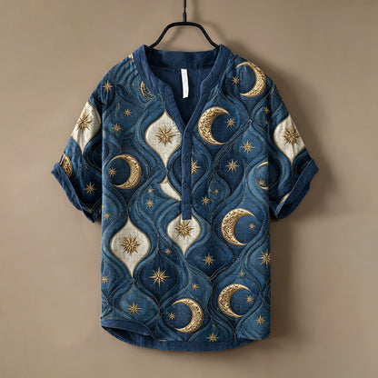 Cardydony Men's Japanese Art Sun, Moon And Star Print Cotton Linen Top