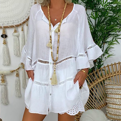 Cardydony Casual Lace-trimmed Three-quarter Sleeve Cotton And Shirt Dress