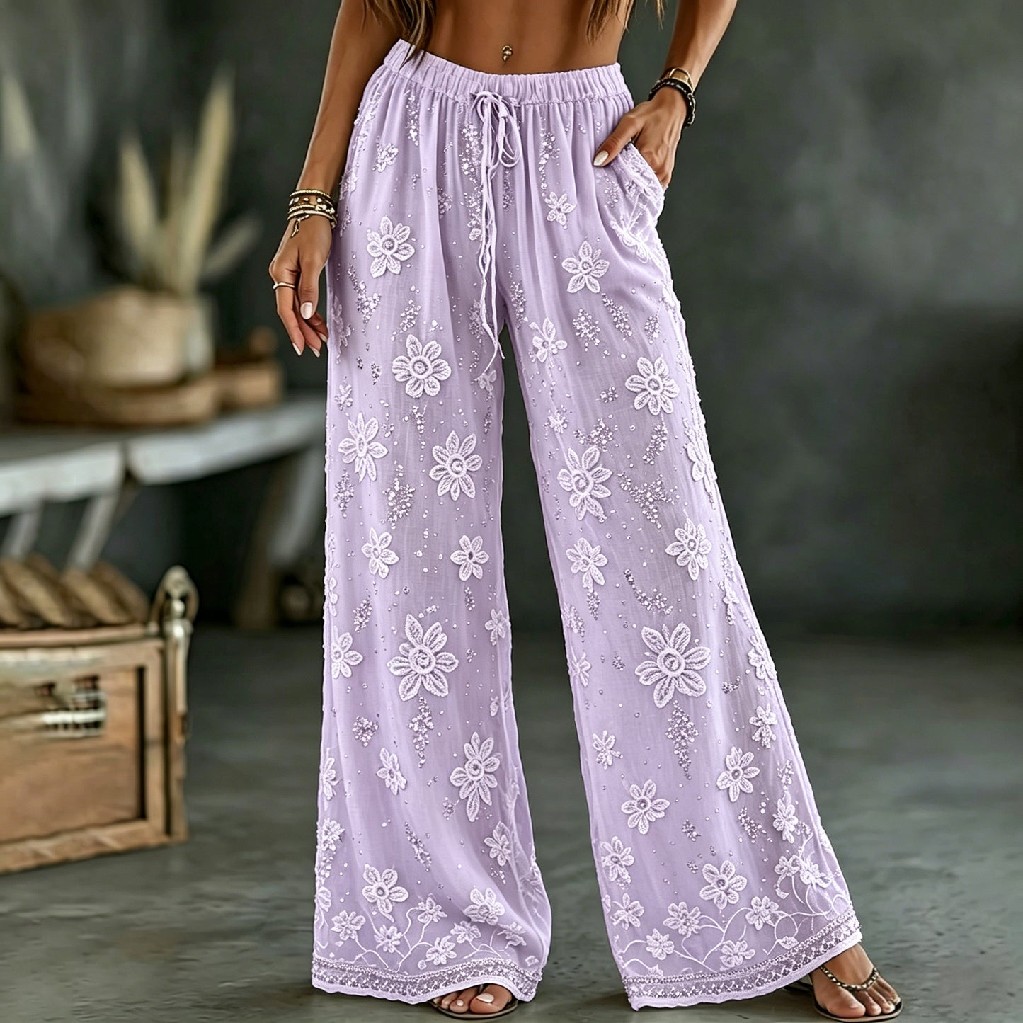 Cardydony Women's White Rose Art Embroidered Linen Blend Pants