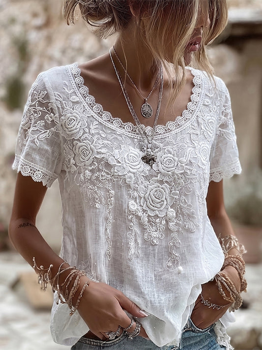 Cardydony Women's Vintage White Rose Art Flowy Linen Blend T-shirt