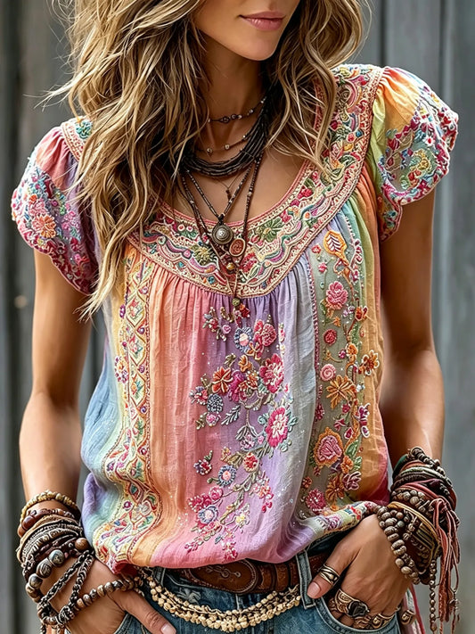 Cardydony Women's Vintage Floral In Hippie Vibe Art Print Flowy Linen Blend Linen Blend Short Sleeve Casual Tops