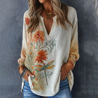 Cardydony Vintage Dragonfly And Floral Pattern Linen Long Sleeve Shirts