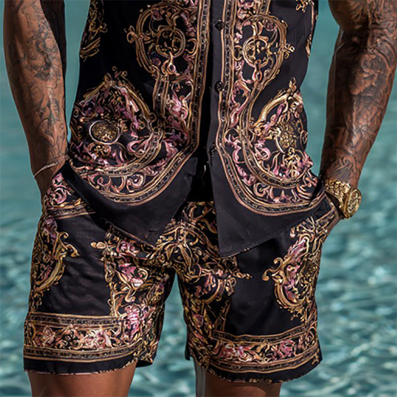 Cardydony Men's Fashion Baroque Pattern Cuban Shirt And Shorts Two-piece Set
