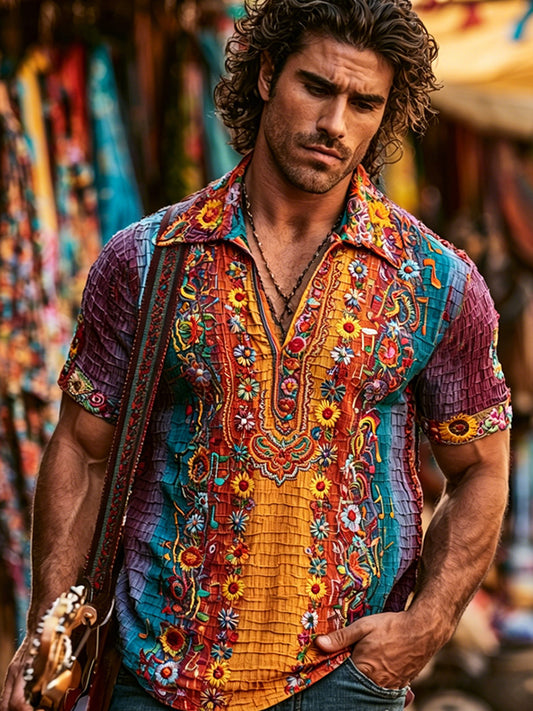Cardydony Men's Vintage Hippie Floral Patchwork Art Textured Cotton Linen V-neck Short-sleeved Top