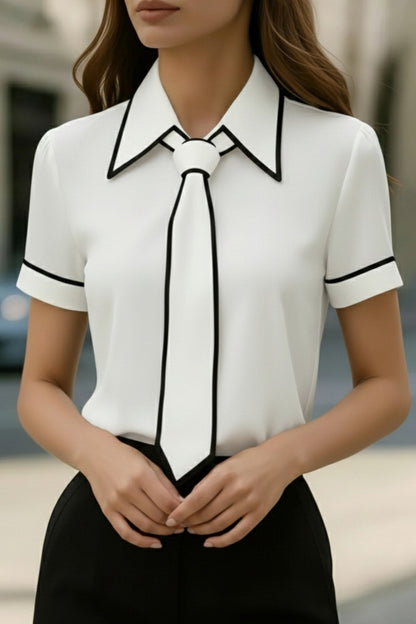 Cardydony Women's  Stylish Color-blocked Trim Collared Short-sleeved Casual Shirt