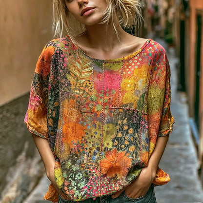 Cardydony Women's Retro Bohemian Floral Pattern Casual T-shirt