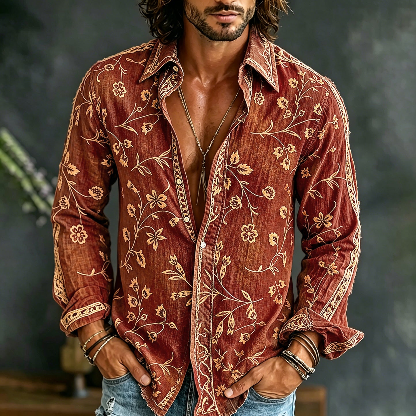 Cardydony Men's Vintage Spring Floral Embroidered Art Print Flowy Linen Blend Casual Shirt