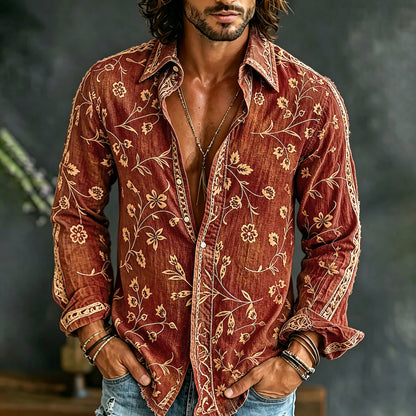 Cardydony Men's Vintage Spring Floral Embroidered Art Print Flowy Linen Blend Casual Shirt