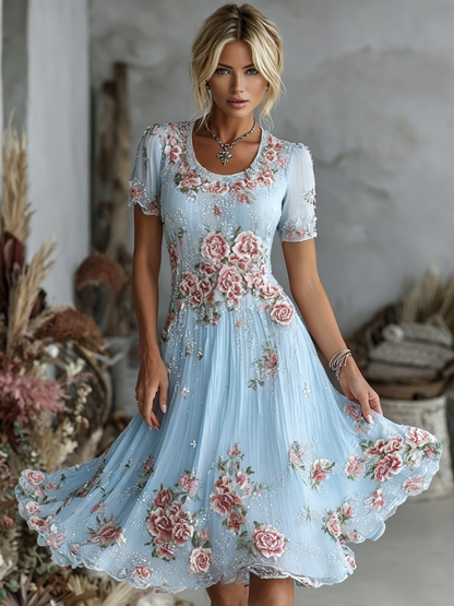 Cardydony Women's Vintage Floral Art Pattern Crew Neck Short Sleeve Linen Maxi Dress