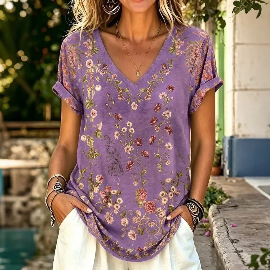 Cardydony Women's Retro Floral Art Print V-neck Short Sleeve T-shirt