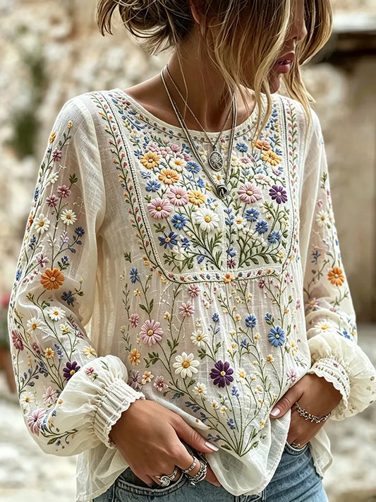 Cardydony Women's Floral Art Print Flowy Linen Blend Linen Blend Long Sleeve Casual Tops