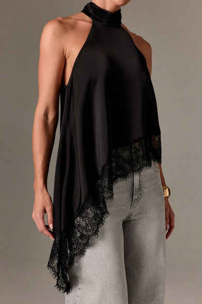 Cardydony Women's Solid Color Satin Sleeveless Lace Hem Loose Top