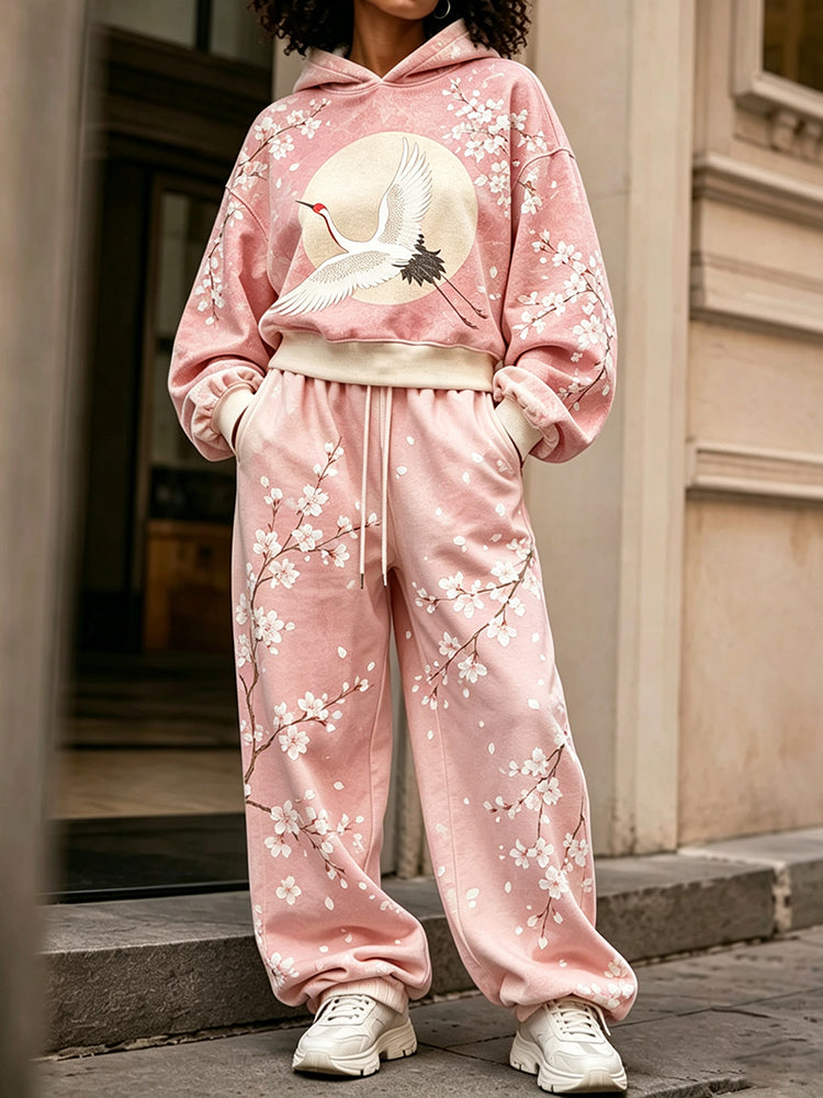 Cardydony Women's Japanese Cherry Blossom And Crane Art Print Hoodie Two Piece Set