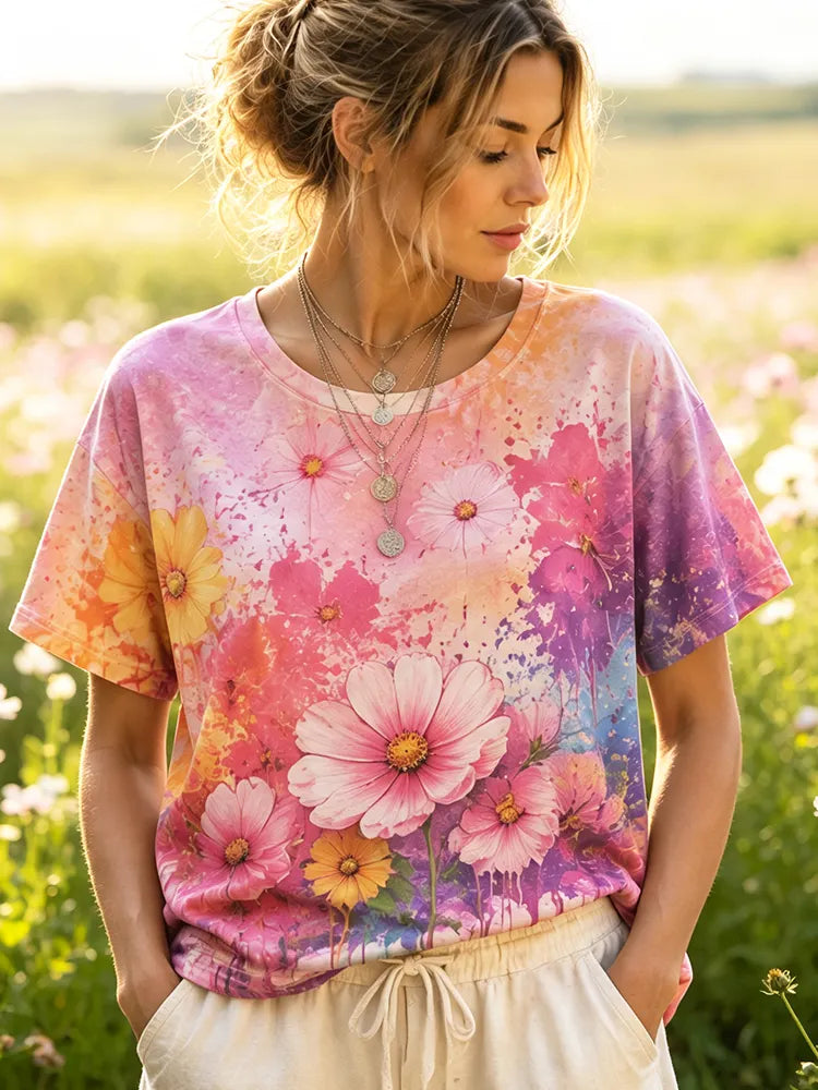 Cardydony Women's Casual Short-sleeve T-shirt With Watercolor Pink Cosmos Floral And Splash Art Print