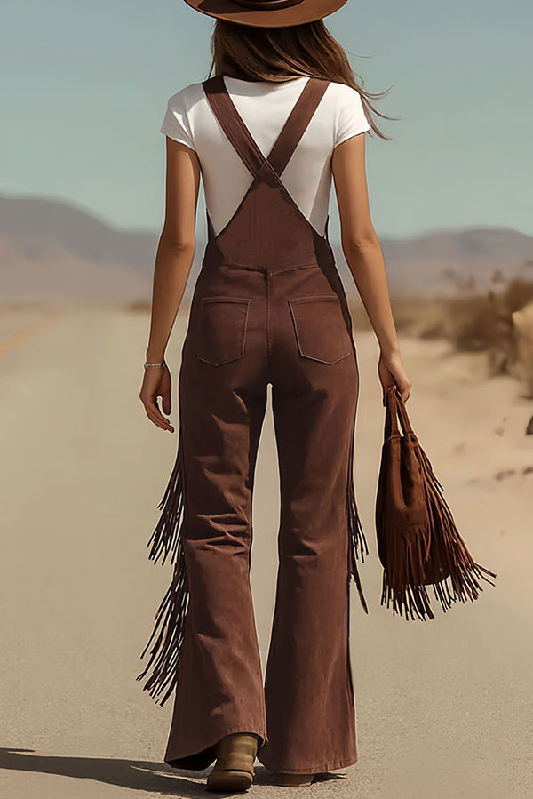 Cardydony Women's Stylish Suede Tassel Button Pocket Casual Wide-leg Overalls