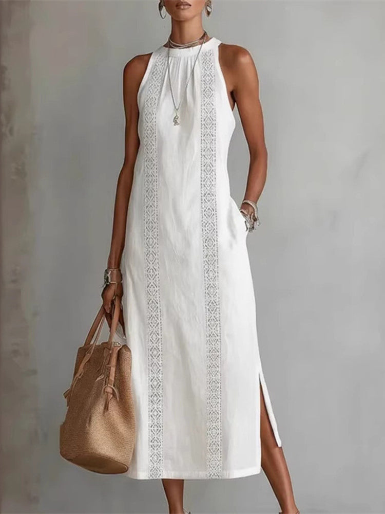 Cardydony Women's Solid Color Lace Patchwork Sleeveless Midi Dress