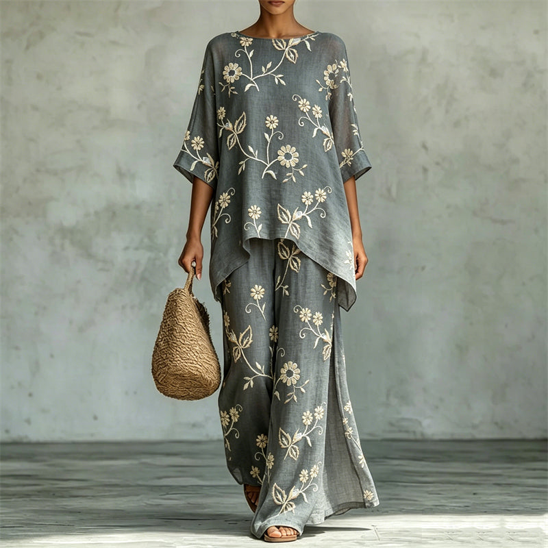 Cardydony Vintage Floral Flowy Linen Tunic & Wide Leg Pants Set