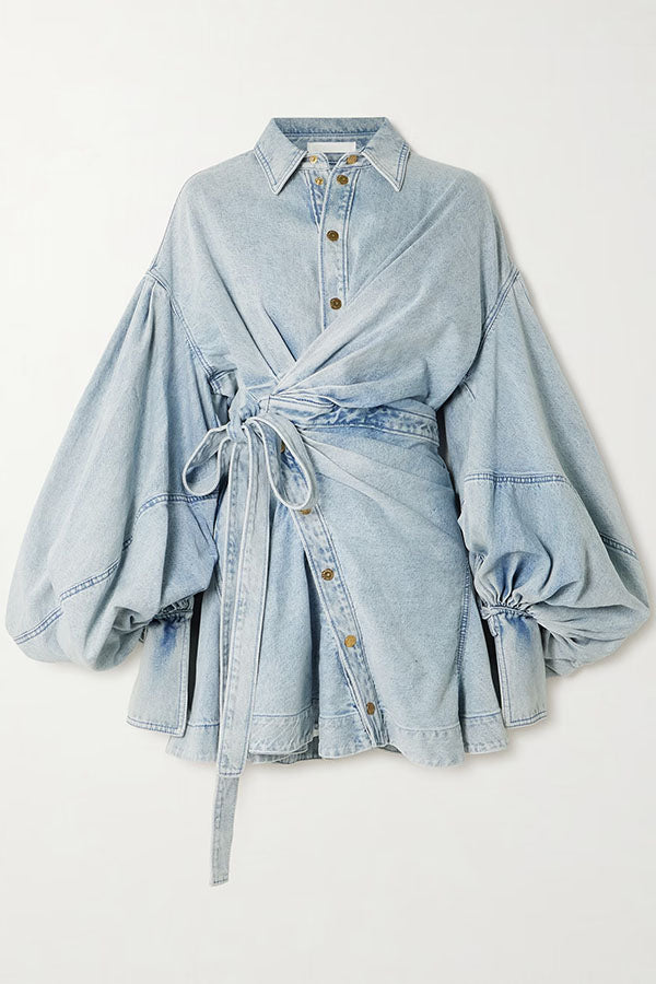Cardydony Women's Yaron Denim Button Twisted Shape Wrap Long Balloon Sleeve Shirt Mini Dress
