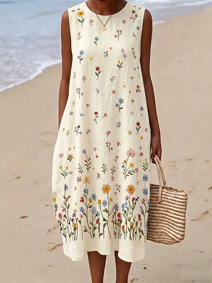 Cardydony Women's Vintage Floral Casual Sleeveless Linen Dress