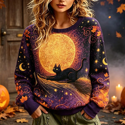 Cardydony Women's Halloween Graphic Sweatshirt - Black Cat On Broomstick, Full Moon And Maple Leaves Print Pullover