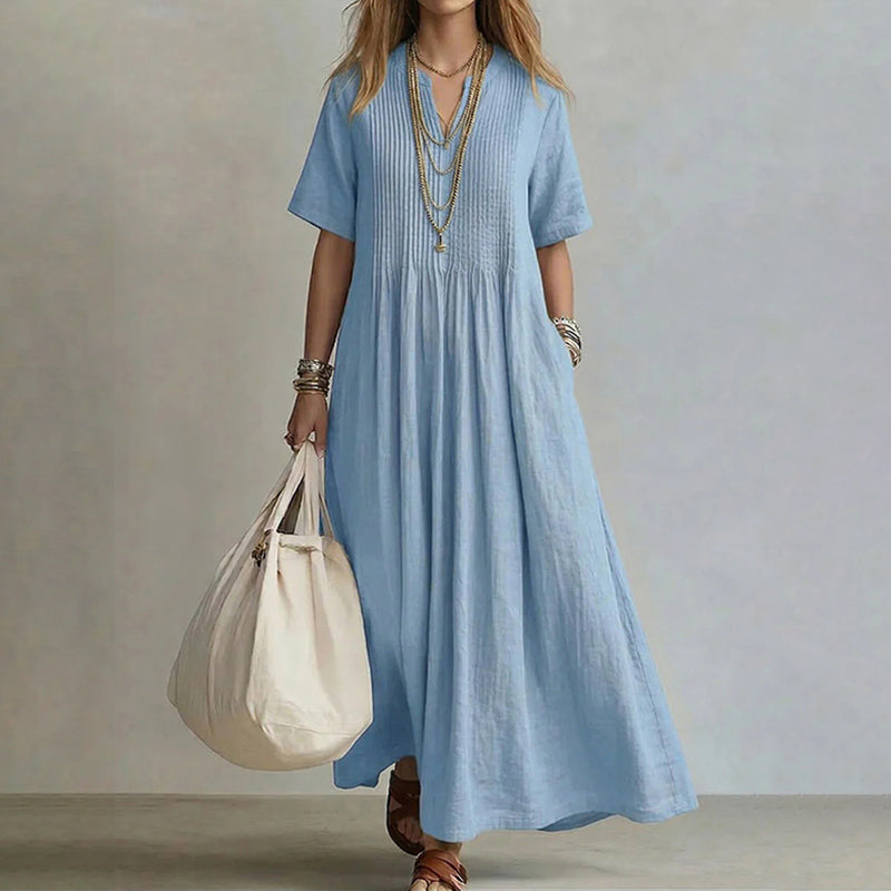 Cardydony Women's Retro Solid Color Loose V-neck Short-sleeve Pleated Cotton Linen Dress