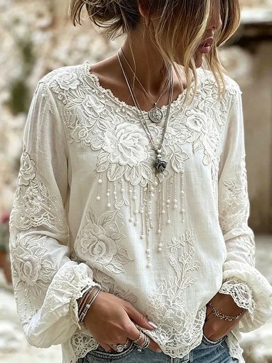 Cardydony Women's Retro Bohemian Rose Embroidery Pattern Casual Cotton Linen Blend T-shirt