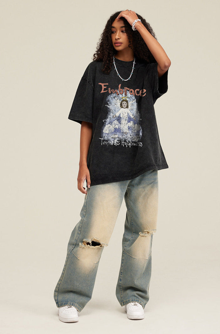 Cardydony Women's Embrace Angel Graphic Tee – Oversized Streetwear for Women