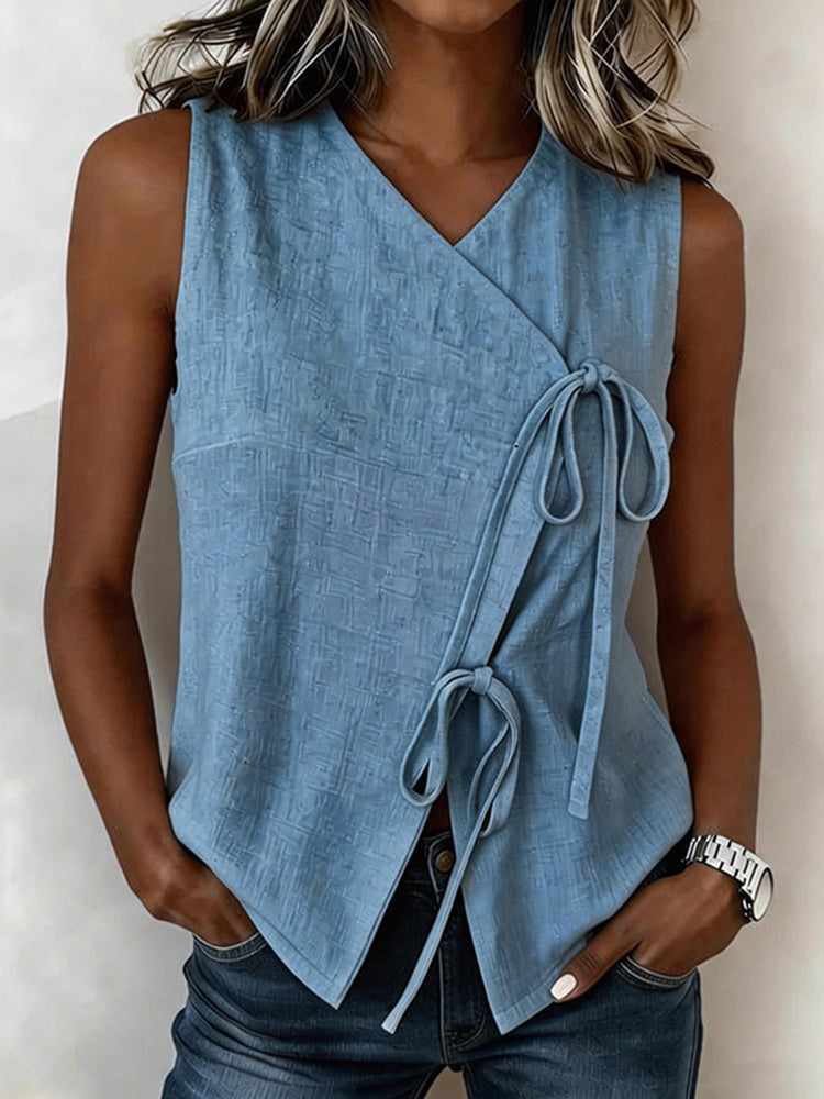 Cardydony Women's Fashionable Solid Color Sleeveless Linen Blend Vest