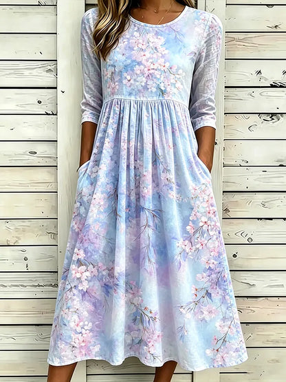 Cardydony Women's Bohemian Three-quarter Sleeve Watercolor Cherry Blossom Midi Dress