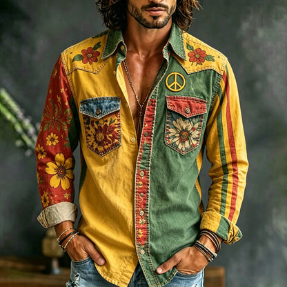 Cardydony Men's Hippie Color-blocked Floral Long-sleeved Cotton And Linen Shirt