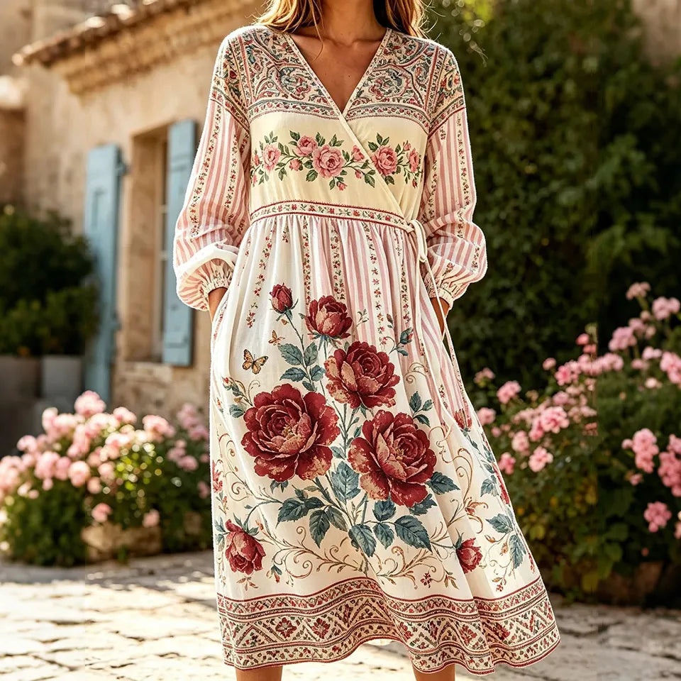 Cardydony Women's Retro Resort Floral Striped Print Cotton Linen Dress