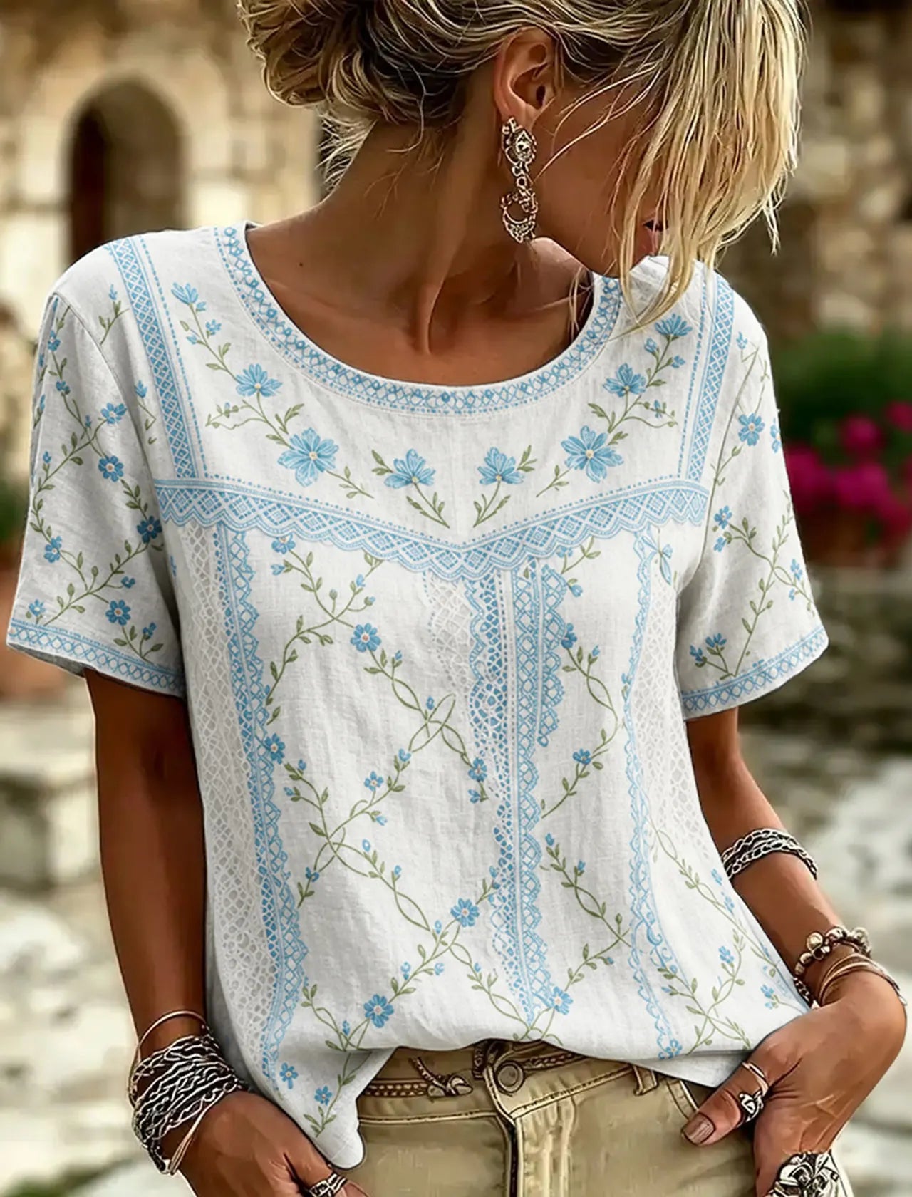 Cardydony Women's Retro Floral Patchwork Print Art Round Neck Linen Blend T-shirt
