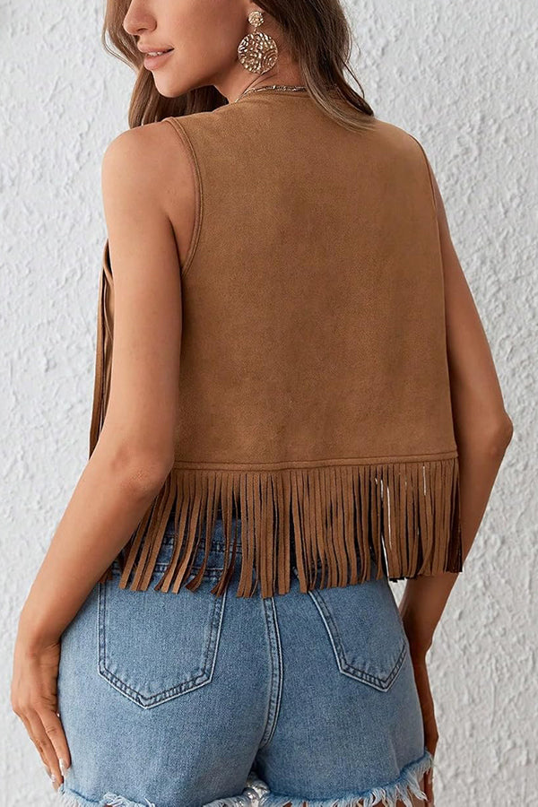 Cardydony Women's Stylish Suede V-neck Sleeveless Casual Studded Tassel Vest
