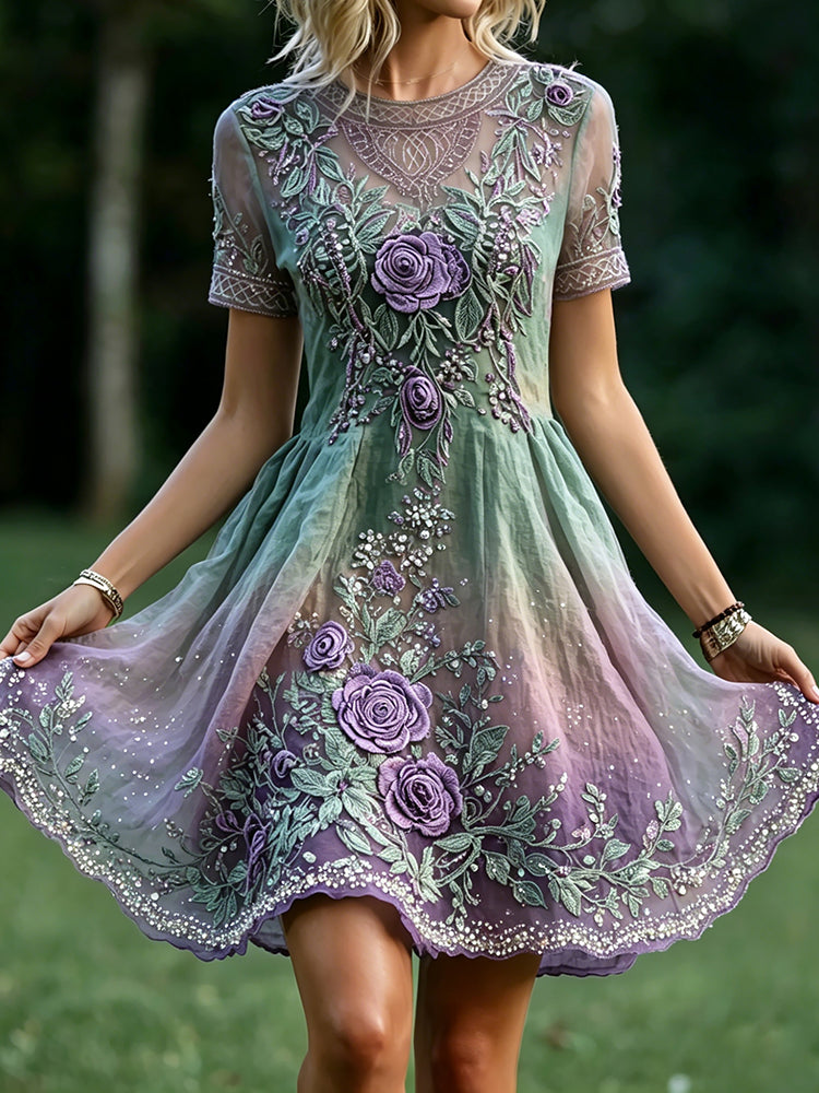 Cardydony Women's Vintage Celtic Knot Floral Art Print Linen Crew Neck Short Sleeve Midi Dress