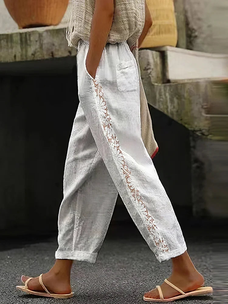 Cardydony Floral Lace Linen Blend Cozy Women's Pants