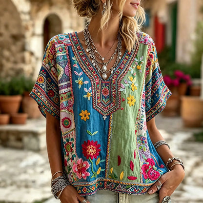 Cardydony Women's Retro Floral Patchwork Art Ethnic Pattern Embroidered Cotton Linen V-neck T-shirt