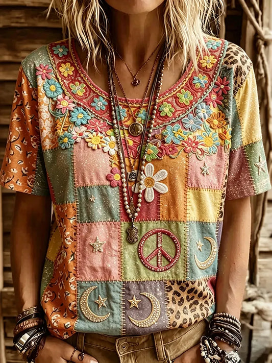 Cardydony Women's Vintage Hippie Floral In Patchwork Pattern Art Embroidered Round Neck Tshirt