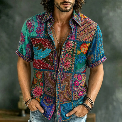 Cardydony Men's Retro Hippie Flower Patchwork Art Print Short Sleeve Shirt