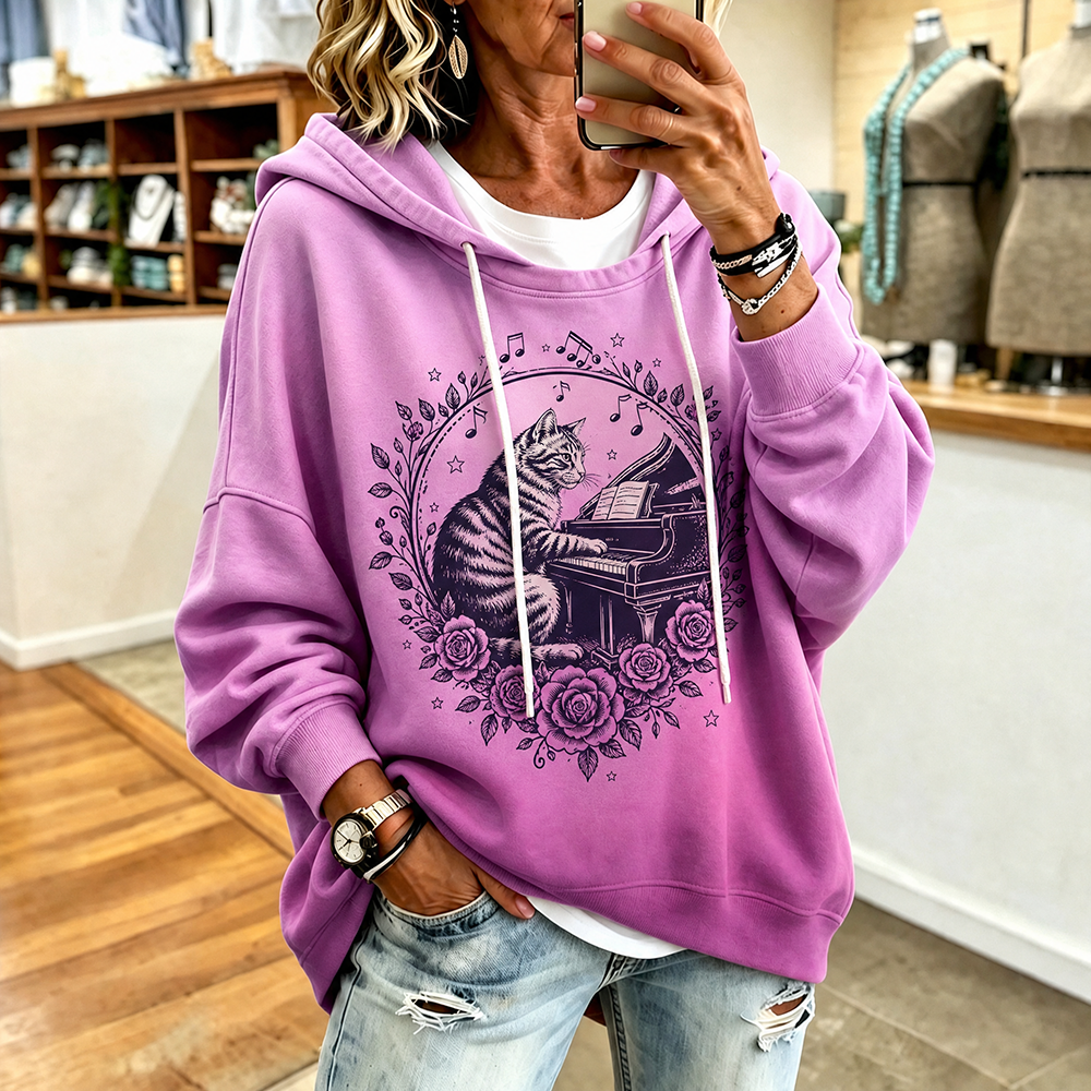 Cardydony Women's Casual Pullover Hoodie Featuring Cat Playing Piano With Roses And Music Notes