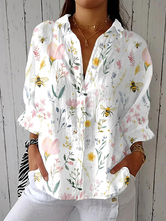 Cardydony Women's Vintage Bee Floral Art Print Casual Linen V-neck Shirt
